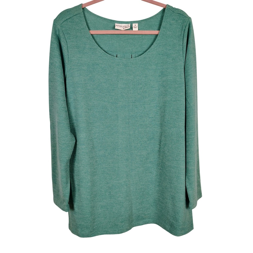 Attitudes by Renee Womens 1X Tunic Top Teal Knit Pleated Back Casual Minimalist